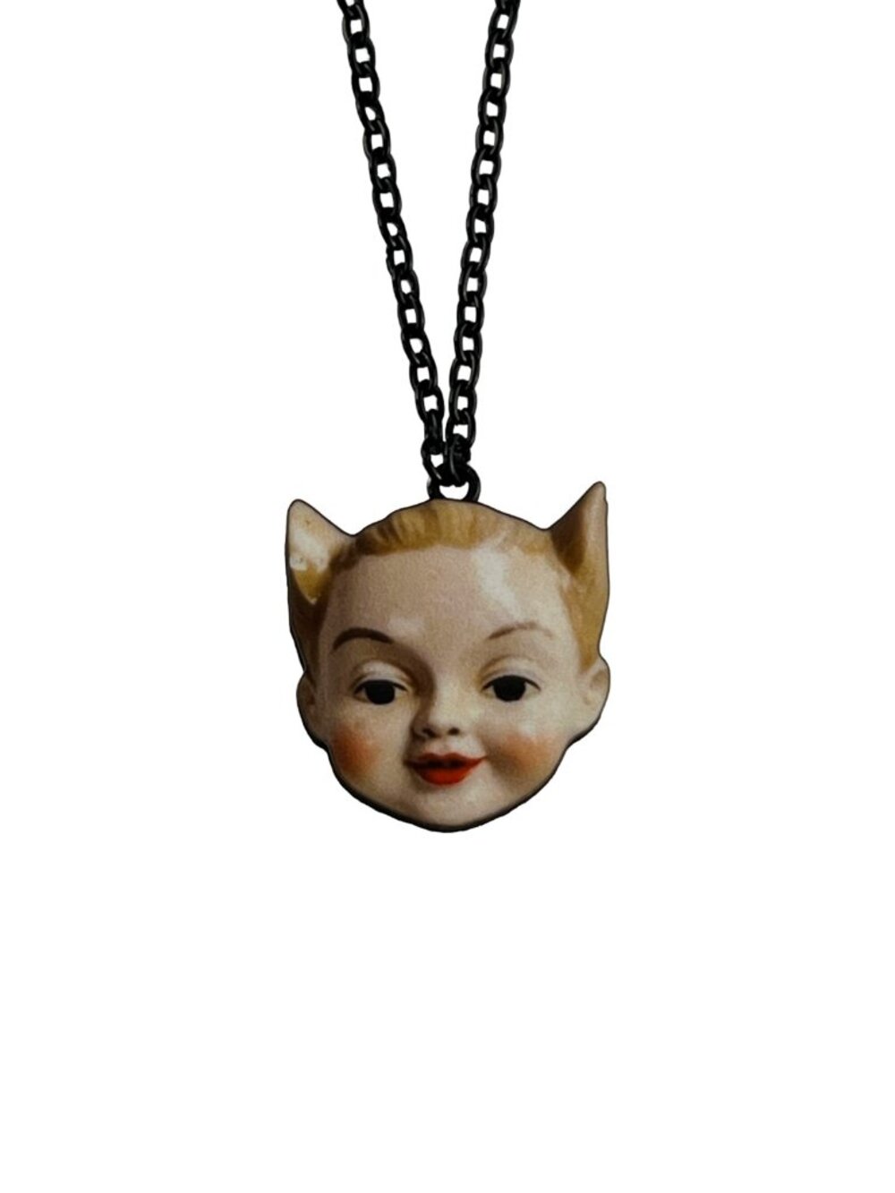 Vintage Style Necklace Doll Face Cat Ears Whimsical Quirky — Black Rolo Chain